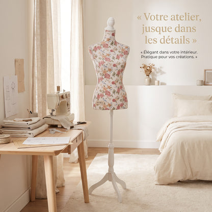 Buste de Couture AVORA Atelier Rose – Mannequin Femme Réglable 133 à 168 cm – Coton Floral & Trépied