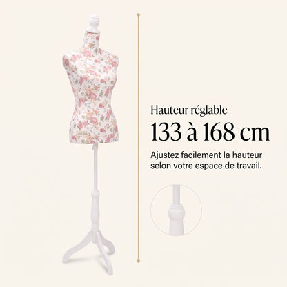 Buste de Couture AVORA Atelier Rose – Mannequin Femme Réglable 133 à 168 cm – Coton Floral & Trépied