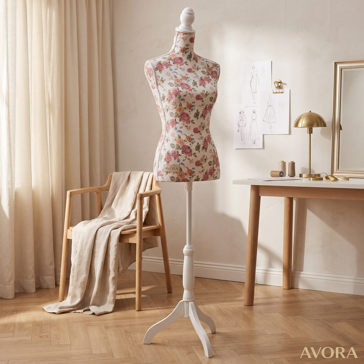 Buste de Couture AVORA Atelier Rose – Mannequin Femme Réglable 133 à 168 cm – Coton Floral & Trépied