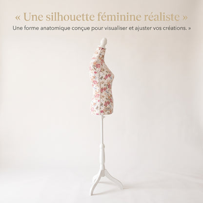 Buste de Couture AVORA Atelier Rose – Mannequin Femme Réglable 133 à 168 cm – Coton Floral & Trépied