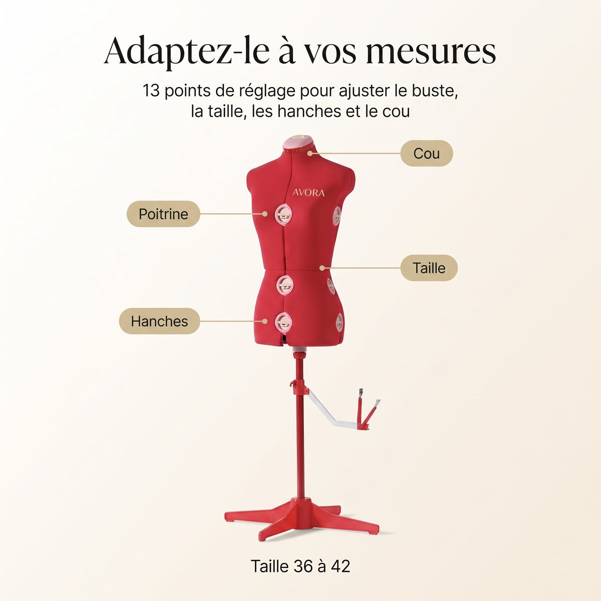 Mannequin de Couture Réglable sur Pied AVORA Atelier 42 – Taille 36 à 42 – 13 Points de Réglage