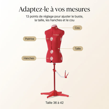 Mannequin de Couture Réglable sur Pied AVORA Atelier 42 – Taille 36 à 42 – 13 Points de Réglage