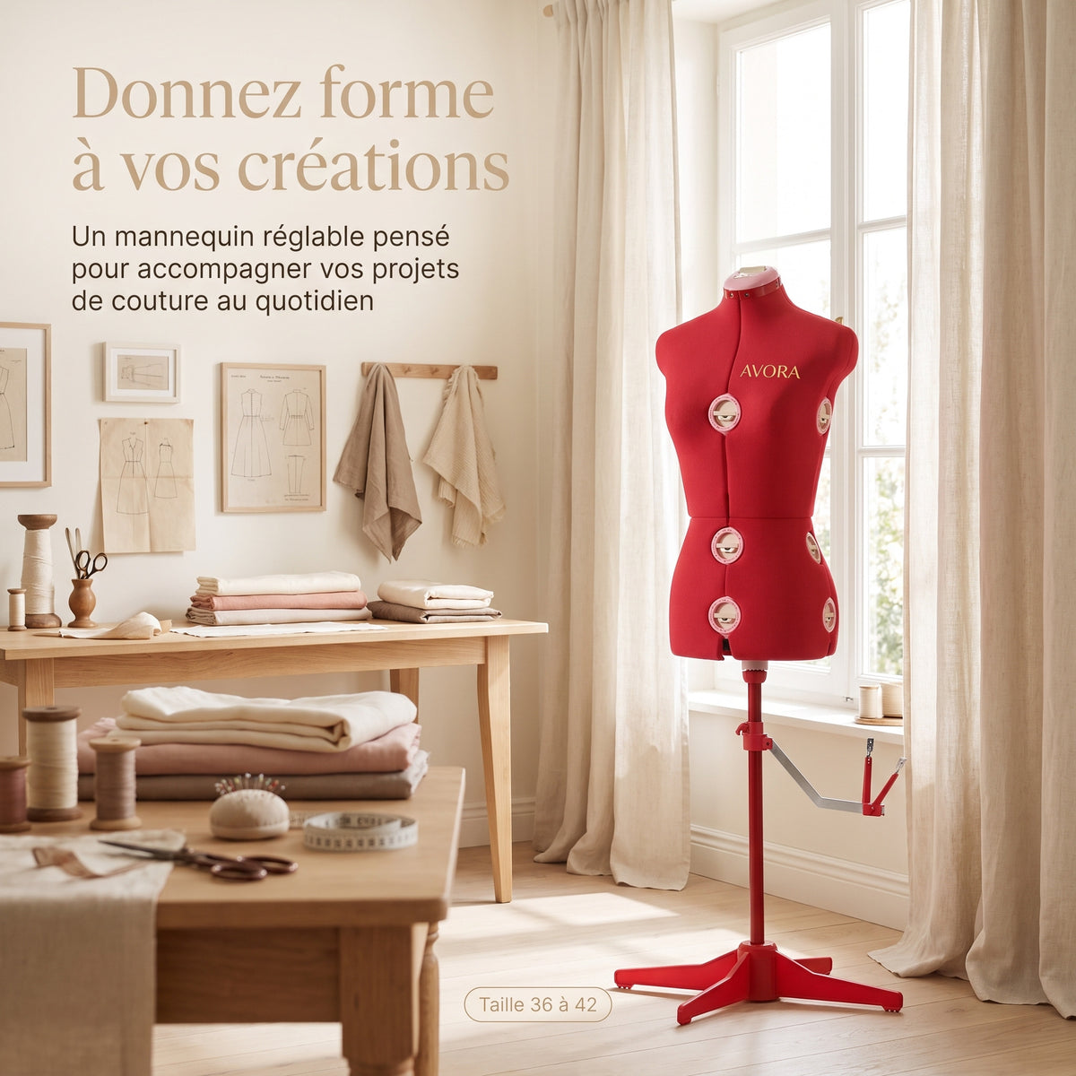 Mannequin de Couture Réglable sur Pied AVORA Atelier 42 – Taille 36 à 42 – 13 Points de Réglage