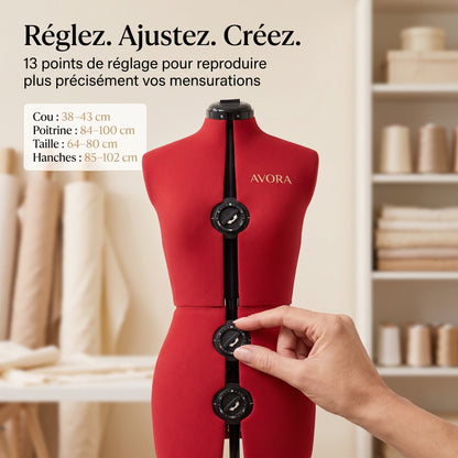 Mannequin de Couture Réglable sur Pied AVORA Atelier 42 – Taille 36 à 42 – 13 Points de Réglage