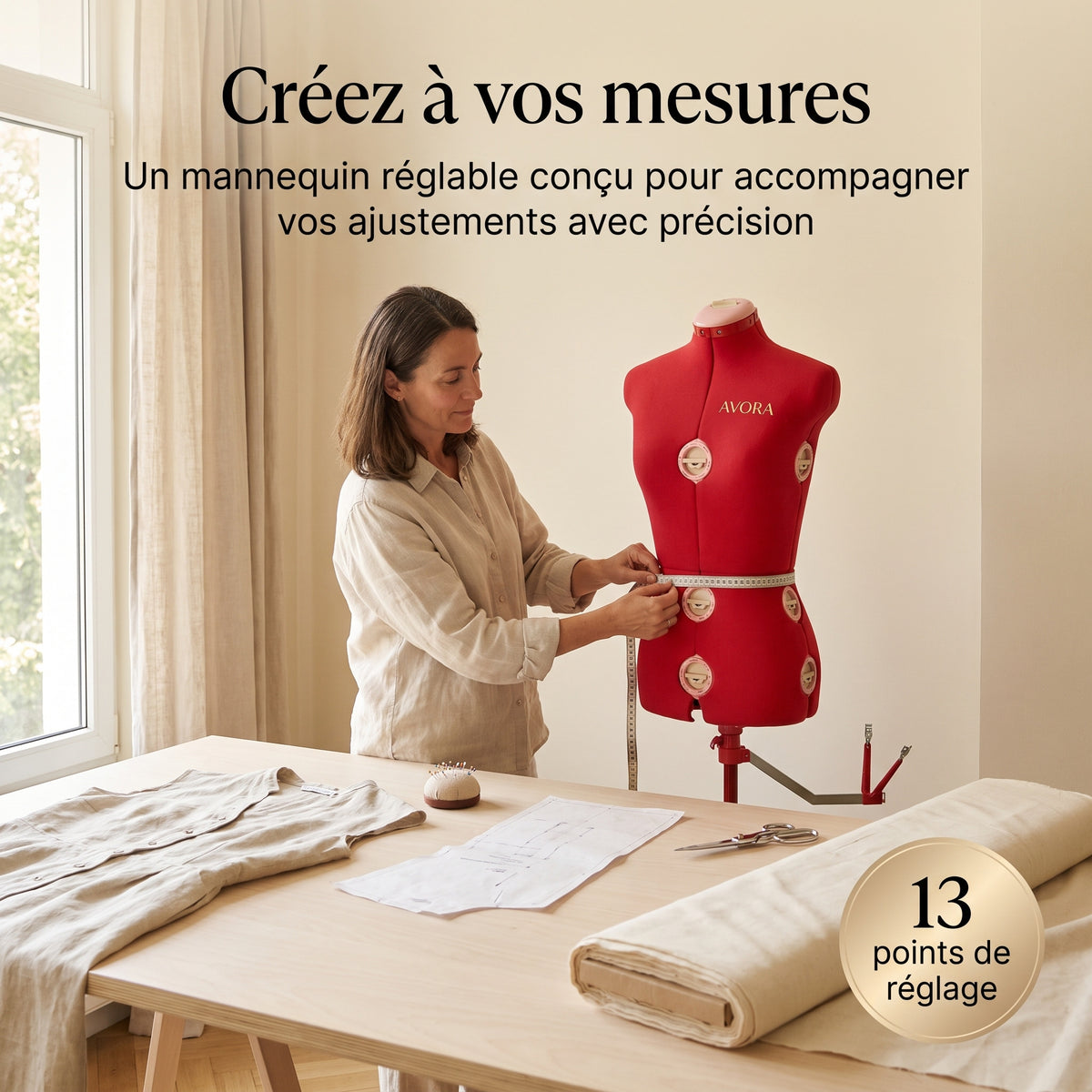 Mannequin de Couture Réglable sur Pied AVORA Atelier 42 – Taille 36 à 42 – 13 Points de Réglage