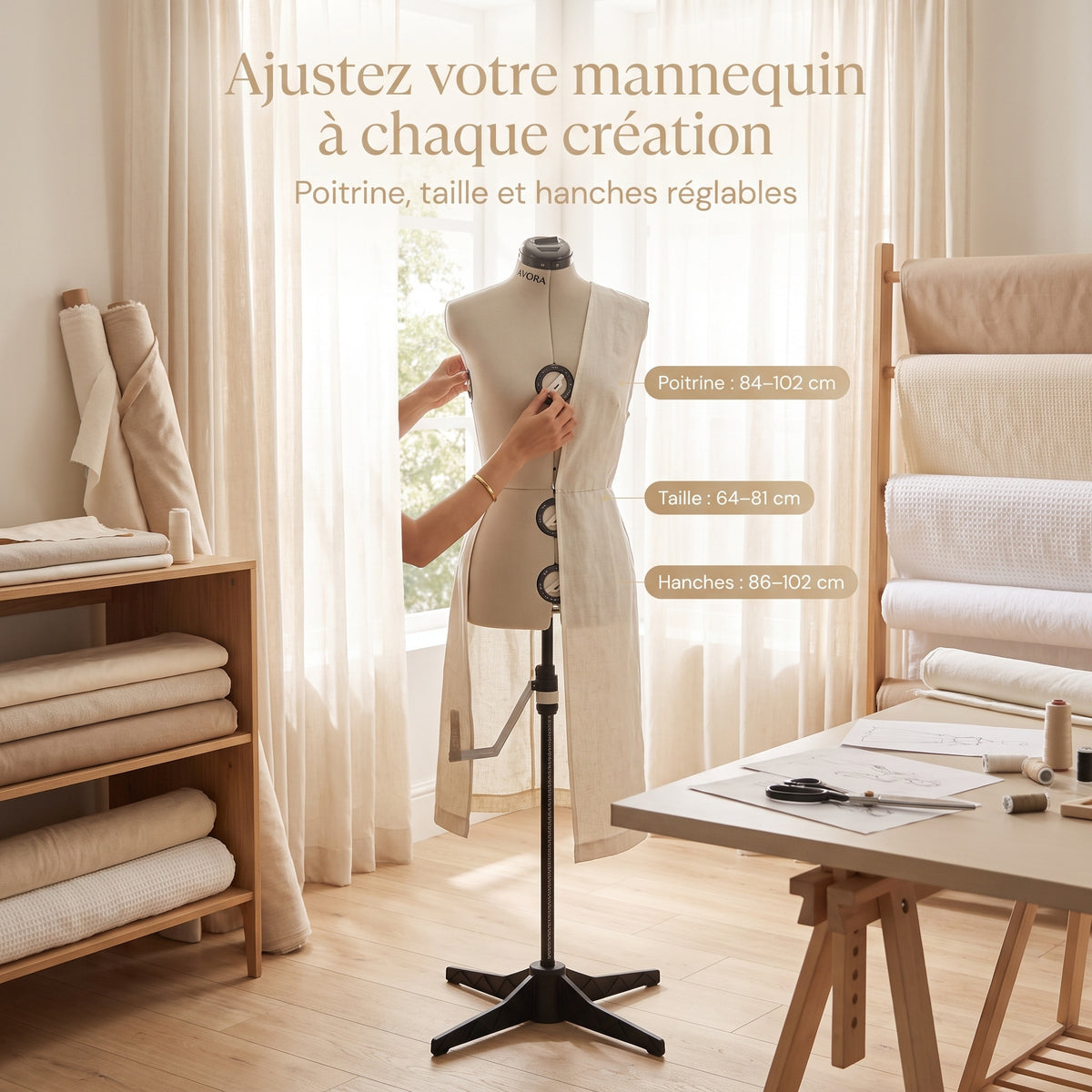 Mannequin de Couture Réglable AVORA Atelier 40 – Taille S 33–40 – Buste, Taille & Hanches Ajustables