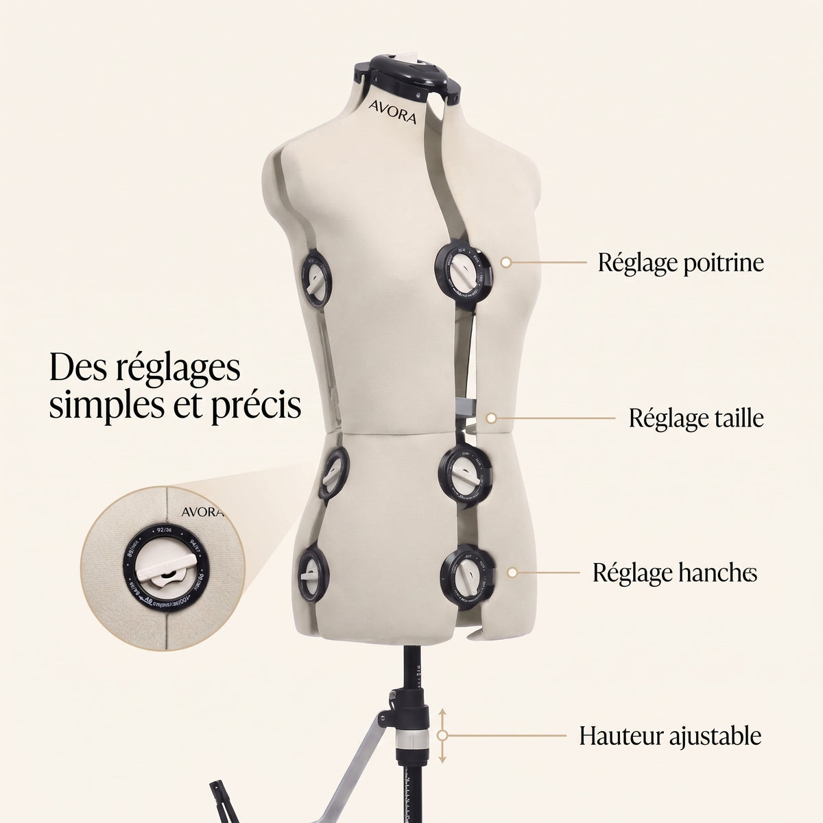 Mannequin de Couture Réglable AVORA Atelier 40 – Taille S 33–40 – Buste, Taille & Hanches Ajustables