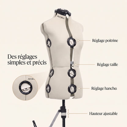 Mannequin de Couture Réglable AVORA Atelier 40 – Taille S 33–40 – Buste, Taille & Hanches Ajustables