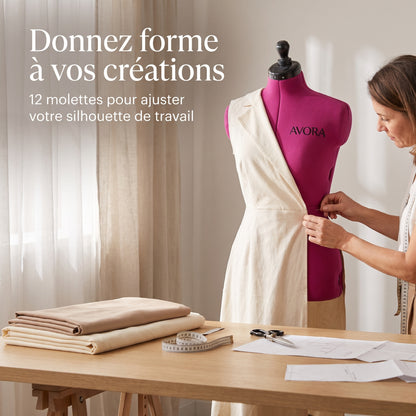 Mannequin de Couture AVORA Forma 44 – Réglable Tailles 36 à 44 – 12 Molettes – Revêtement Épinglable
