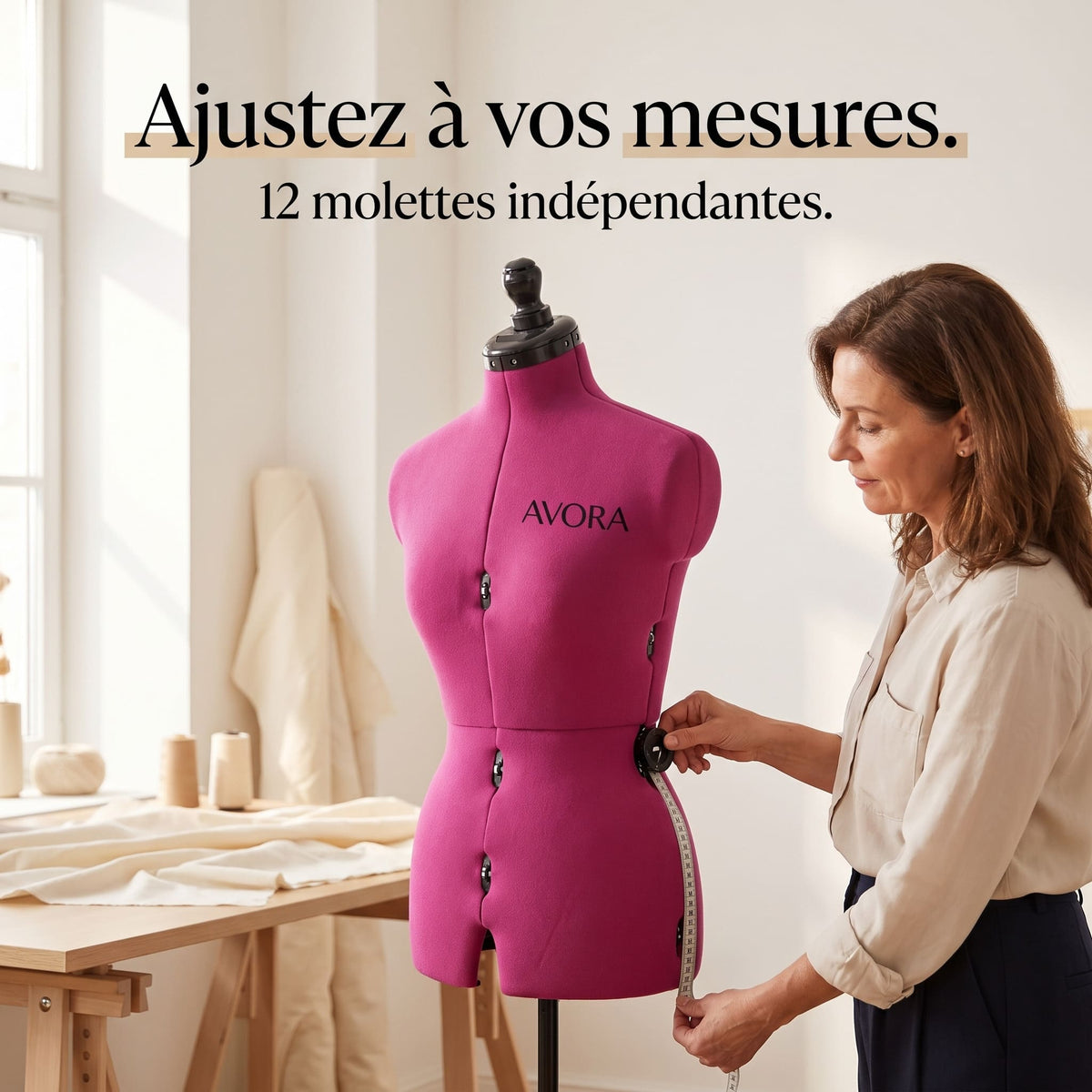 Mannequin de Couture Réglable AVORA Studio 32 – Tailles 32 à 36 – 12 Molettes & Buste Épinglable