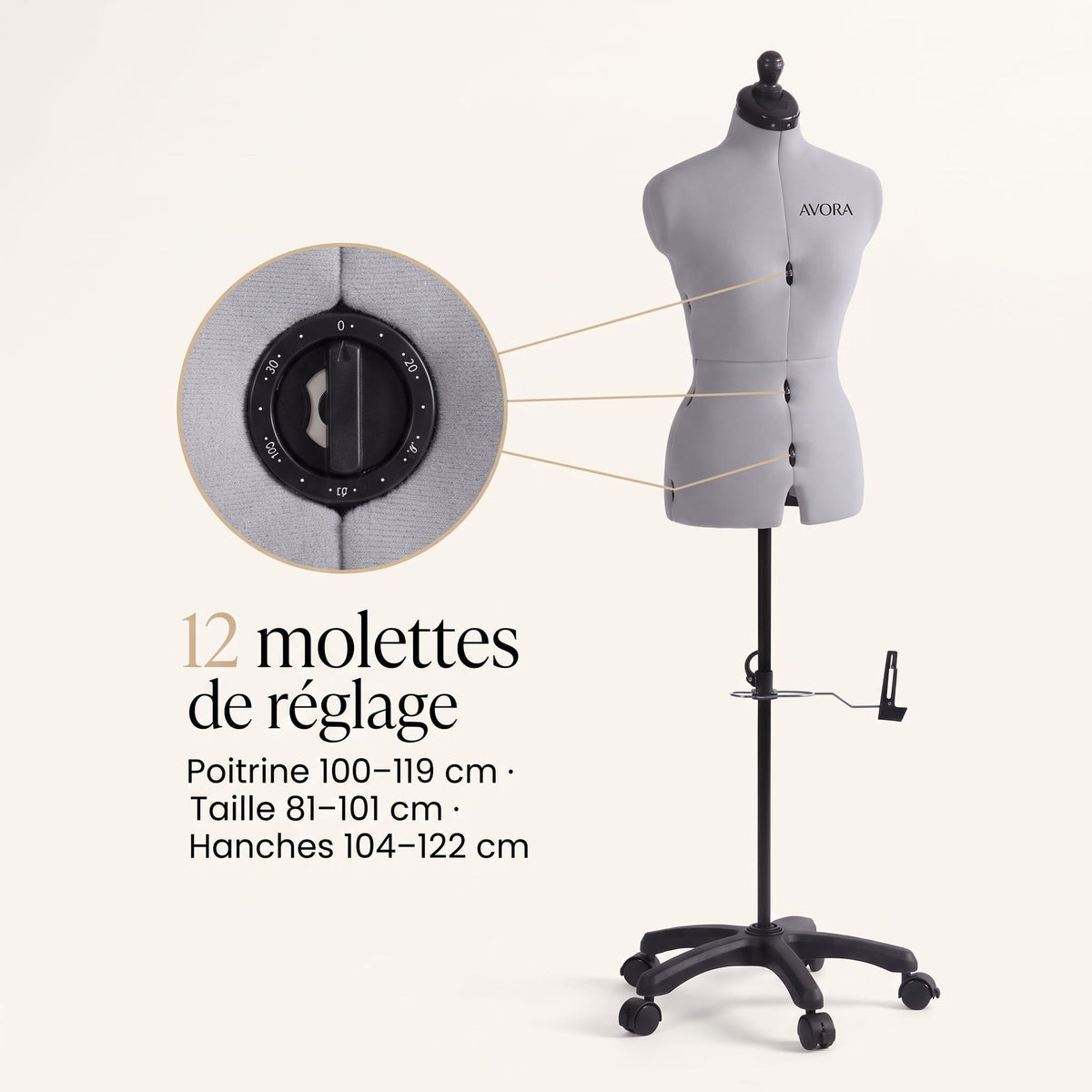 Mannequin de Couture Réglable AVORA Atelier 50 – Tailles 44 à 50 – 12 Molettes – Pied à Roulettes