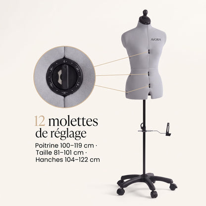 Mannequin de Couture Réglable AVORA Atelier 50 – Tailles 44 à 50 – 12 Molettes – Pied à Roulettes