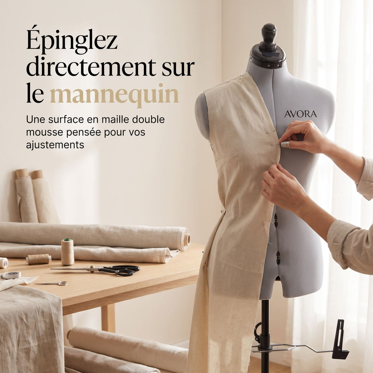 Mannequin de Couture Réglable AVORA Atelier 50 – Tailles 44 à 50 – 12 Molettes – Pied à Roulettes