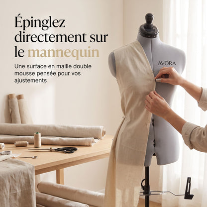 Mannequin de Couture Réglable AVORA Atelier 50 – Tailles 44 à 50 – 12 Molettes – Pied à Roulettes